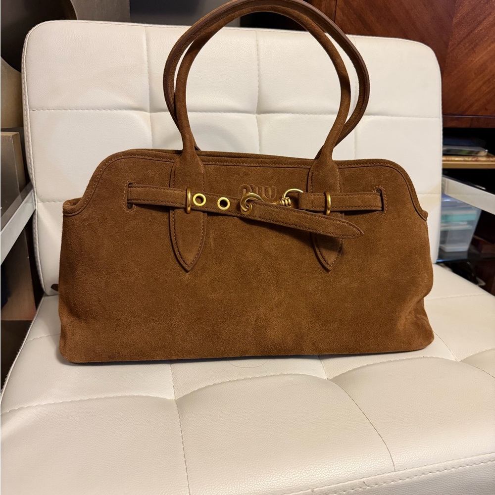 Miu Miu Brown Suede Belt-Accent Shoulder Bag